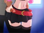  1girl animated animated_gif arm_grab belt black_legwear censored chidoria_mika ero_train erogos handjob in_series microskirt midriff navel penis skirt thigh_gap thighhighs zettai_ryouiki 