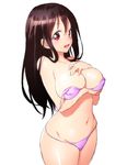  bikini blush breast_hold breasts brown_hair hand_on_own_chest large_breasts long_hair looking_at_viewer navel onsoku_maru open_mouth purple_bikini red_eyes simple_background smile solo swimsuit white_background 