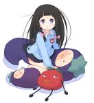  :d :o amana_(pocketkey) arm_support bare_legs black_hair bow child chitanda_eru dot_nose dot_pupils eggplant hair_bow hime_cut hyouka kindergarten_uniform long_hair looking_at_viewer low_twintails name_tag no_shoes open_mouth pink_bow purple_eyes simple_background skirt smile socks solo straddling stuffed_toy tomato twintails white_background white_legwear younger 