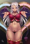 black_panties breasts cameltoe cleavage covered_nipples cowboy_shot crop_top demon_girl demon_horns demon_tail demon_wings detached_collar detached_sleeves garter_straps heart horns houtengeki large_breasts long_hair looking_at_viewer lowleg lowleg_panties micro_panties midriff navel no_pants open_mouth original outstretched_arms panties pointy_ears purple_eyes red_legwear revealing_clothes signature silver_hair smile solo succubus tail thigh_gap thighhighs underwear very_long_hair wings 