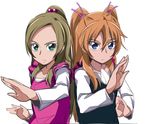  blue_eyes brown_hair fighting_stance green_eyes hair_bobbles hair_ornament haiteku houjou_hibiki looking_at_viewer minamino_kanade multiple_girls orange_hair precure simple_background suite_precure two_side_up white_background 