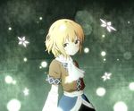  arm_warmers blonde_hair blush cowboy_shot frown green_eyes light_particles looking_away looking_to_the_side mizuhashi_parsee nekoze_(chatte_secca) pointy_ears sash scarf shirt short_hair solo touhou 
