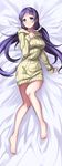  aqua_eyes bare_legs bare_shoulders barefoot bed_sheet blush breasts dakimakura dress full_body hand_on_own_chest highres large_breasts long_hair looking_at_viewer love_live! love_live!_school_idol_project low_twintails purple_hair ribbed_sweater saiste smile solo sweater sweater_dress toujou_nozomi twintails very_long_hair 
