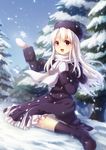  :d boots clenched_hand coat day fate/stay_night fate_(series) hat highres illyasviel_von_einzbern long_hair mittens open_mouth outdoors purple_footwear purple_hat red_eyes scarf sitting smile snow snowflakes snowing solo tree white_hair white_scarf yezhi_na 