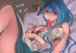  apron blue_hair bow bowtie breasts cleavage dated dress food food_themed_clothes fruit hair_between_eyes hand_up hat hat_ribbon highres hinanawi_tenshi large_breasts long_hair looking_at_viewer mouth_hold namauni open_clothes open_shirt peach puffy_short_sleeves puffy_sleeves red_eyes ribbon shirt short_sleeves sketch skirt solo touhou very_long_hair waist_apron white_shirt 