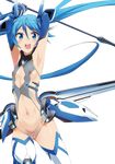  1girl blue_eyes blue_hair cleavage_cutout edited flat_chest gloves long_hair mecha_musume navel navel_cutout nipples nude_filter ore_twintail_ni_narimasu photoshop pussy sword tail_blue tailblue thighhighs tsube_aika twintails uncensored very_long_hair weapon 