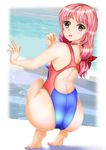  ass bare_shoulders barefoot competition_swimsuit feet long_hair looking_at_viewer looking_back mashinatsu one-piece_swimsuit original pink_eyes pink_hair smile solo squatting swimsuit tiptoes 