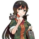  black_hair blouse breasts brown_eyes cannon catapult chikuma_(kantai_collection) elbow_gloves gloves itomugi-kun kantai_collection long_hair medium_breasts short_sleeves single_elbow_glove smile solo turret 