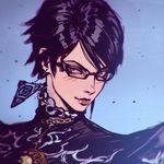  alternate_hair_length alternate_hairstyle bad_id bad_tumblr_id bayonetta bayonetta_(character) bayonetta_2 black-framed_eyewear black_hair closed_mouth duplicate earrings glasses ilya_kuvshinov jewelry lips looking_at_viewer mole nose purple_eyes short_hair smile solo upper_body 