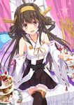  :d ahoge bed brown_eyes brown_hair cake crossed_legs cup detached_sleeves food hairband highres holding kantai_collection kongou_(kantai_collection) looking_at_viewer nontraditional_miko open_mouth pillow sitting smile solo takanashi_haruto teacup thighhighs v-shaped_eyebrows zettai_ryouiki 