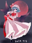  ascot bat_wings blue_hair bow dated dress frilled_dress frilled_skirt frills full_body full_moon hand_on_own_chin hand_to_own_mouth hat hat_ribbon highres looking_at_viewer mob_cap moon namauni puffy_short_sleeves puffy_sleeves red_eyes red_moon remilia_scarlet ribbon shoes short_hair short_sleeves skirt skirt_set smile socks solo tongue tongue_out touhou white_legwear wings wrist_cuffs 