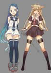  blonde_hair blue_eyes blue_hair branch_(blackrabbits) hair_flaps kantai_collection long_hair multiple_girls open_mouth red_eyes remodel_(kantai_collection) samidare_(kantai_collection) school_uniform serafuku skirt thighhighs yuudachi_(kantai_collection) 