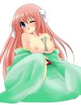  areolae bare_shoulders between_breasts blue_eyes breasts hair_ribbon japanese_clothes large_breasts long_hair miko nenekoneko nipples one_eye_closed open_mouth original pink_hair ribbon white_background 