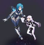  alpha_(acerailgun) android bad_deviantart_id bad_id blue_hair borrowed_character breasts cecilia_(acerailgun) highres holding_hands horns hoshi_usagi lavender_hair long_hair multiple_girls original purple_eyes red_eyes small_breasts space spacesuit twintails zero_gravity 