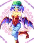  :d alternate_costume animal_print bat_print bat_wings blue_eyes blue_hair breasts chocolat_(momoiro_piano) cleavage cosplay hair_bobbles hair_ornament hat kawashiro_nitori large_breasts lilith_aensland lilith_aensland_(cosplay) looking_at_viewer open_mouth pantyhose print_legwear smile solo standing standing_on_one_leg touhou two_side_up vampire_(game) wings 