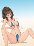  1girl bare_shoulders bikini blush breasts brown_eyes brown_hair cameltoe highres i&quot;s koro_chan_fan_club legs looking_at_viewer medium_breasts navel short_hair simple_background sitting solo spread_legs sweat swimsuit thighs yoshizuki_iori 