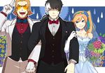  2boys akira_kira alternate_costume black_hair blue_bow blue_dress blue_eyes blue_neckwear bouquet bow bowtie breasts brown_hair cleavage dress earrings elbow_gloves flipped_hair flower formal gloves gouzou_ban gyakuten_saiban gyakuten_saiban_5 hair_between_eyes hair_ribbon jewelry kizuki_kokone long_hair medium_breasts multicolored_hair multiple_boys necktie ponytail red_bow red_neckwear ribbon salute side_ponytail sideburns smile suit sunglasses tailcoat tuxedo two-tone_hair waistcoat white_gloves white_hair yuugami_jin 