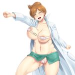  araragi_(pokemon) areolae bouncing_breasts breasts brown_hair covered_nipples earrings green_eyes jewelry labcoat large_breasts looking_at_viewer mature navel one_eye_closed pokemon shikuta_maru short_hair simple_background smile solo thighs unaligned_breasts 