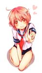  ahoge bare_shoulders between_legs blush hair_ornament hand_between_legs i-58_(kantai_collection) kantai_collection looking_at_viewer neckerchief pink_eyes pink_hair sailor_collar school_swimsuit school_uniform serafuku short_hair simple_background solo swimsuit swimsuit_under_clothes umino_(anesthesia) white_background 