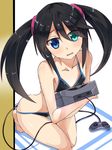  akatoro_(nightlord) barefoot bikini black_hair flat_chest game_console heterochromia kneeling long_hair object_namesake personification sega_hard_girls sega_saturn sega_saturn_(sega_hard_girls) swimsuit tears twintails 