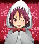  animal_costume blush bow bowtie fangs free! male_focus matsuoka_rin one_eye_closed open_mouth red_eyes red_hair shark_costume smile solo younger 
