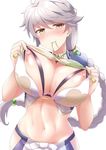  bra braid breasts cleavage_cutout cupless_bra kantai_collection large_breasts long_hair midriff mouth_hold nipples sama_samasa silver_hair single_braid solo underwear unryuu_(kantai_collection) yellow_eyes 