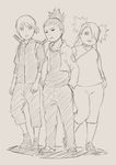  1girl 2boys akimichi_chouchou hair_over_one_eye hands_in_pockets looking_at_viewer monochrome multiple_boys nara_shikadai naruto naruto:_the_last ruu-k sketch standing yamanaka_inojin 