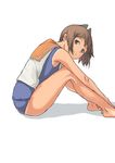  bare_legs bare_shoulders brown_eyes brown_hair dark_skin i-401_(kantai_collection) kantai_collection knees_to_chest looking_at_viewer one-piece_swimsuit ponytail sailor_collar school_swimsuit school_uniform serafuku simple_background sitting smile solo swimsuit swimsuit_under_clothes taruya white_background 