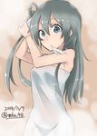  adjusting_hair bare_shoulders brown_background dated grey_eyes grey_hair hair_down kantai_collection long_hair looking_at_viewer mku mouth_hold naked_towel ribbon solo steam towel twitter_username white_ribbon zuikaku_(kantai_collection) 