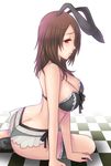  animal_ears ass back black_bra black_panties bra breasts brown_eyes brown_hair bunny_ears bunny_girl checkered checkered_floor fatal_frame fatal_frame_5 high_heels highres kozukata_yuuri kukua_(mosushi) large_breasts long_hair panties sitting solo underwear underwear_only 