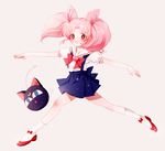  back_bow bad_id bad_pixiv_id bishoujo_senshi_sailor_moon blue_skirt blush bow chibi_usa double_bun epwlzhsy full_body luna-p outstretched_arms pink_hair red_eyes sailor_collar school_uniform serafuku shoes short_hair skirt smile socks solo spread_arms twintails walking white_background white_sailor_collar 