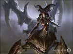  2010 artist_name breasts claws collaboration copyright_name extra_mouth full_body highres horns jana_schirmer johannes_voss magic:_the_gathering medium_breasts monster_girl multiple_legs official_art sheoldred_whispering_one solo spikes 