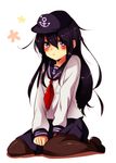  akatsuki_(kantai_collection) anchor_symbol black_legwear blouse blush flat_cap full_body hat kantai_collection loafers long_hair long_sleeves looking_at_viewer neckerchief pantyhose pleated_skirt purple_eyes purple_hair red_neckwear sailor_collar school_uniform seiza serafuku shoes simple_background sitting skirt solo umino_(anesthesia) white_background 