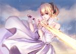  ahoge artoria_pendragon_(all) bare_shoulders blonde_hair blurry bow caliburn depth_of_field dress fate/stay_night fate/unlimited_codes fate_(series) gloves glowing glowing_sword glowing_weapon hair_bow haitang ponytail saber saber_lily solo sword weapon 