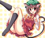 animal_ears ass blush bow brown_hair cat_ears cat_tail chen ear_piercing fang jewelry legs_up looking_at_viewer multiple_tails naba_(take_tonbo) nekomata open_mouth piercing red_eyes shirt single_earring skirt skirt_set smile solo tail touhou vest 