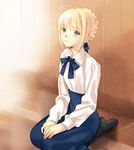  ahoge artoria_pendragon_(all) black_legwear blonde_hair blue_ribbon blue_skirt braid casual closed_mouth fate/stay_night fate_(series) green_eyes hair_ribbon hands_on_own_thighs long_sleeves no_shoes on_floor own_hands_together pantyhose plantar_flexion ribbon saber seiza shirt sitting skirt smile solo taa_(acid) white_shirt wooden_floor wooden_wall 