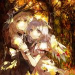  angel_wings autumn_leaves black_dress blonde_hair bow dress hands_clasped hat hat_bow hug looking_at_viewer mai_(touhou) multiple_girls own_hands_together puffy_short_sleeves puffy_sleeves purple_hair shirt short_sleeves touhou touhou_(pc-98) vima white_dress wings wrist_cuffs yellow_eyes yuki_(touhou) 