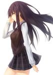  bangs black_hair blue_eyes cowboy_shot eyebrows_visible_through_hair from_side ibuki_notsu long_hair long_sleeves looking_at_viewer looking_to_the_side necktie original plaid plaid_skirt school_uniform simple_background skirt solo sweater_vest white_background 