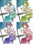  :d ahoge beach_umbrella blouse blue_eyes blue_hair book bow chair cup dress floral_print green_hair hair_bow headphones highres hisho_collection komase_(jkp423) long_dress long_hair low_twintails multiple_girls open_book open_mouth purple_hair reading red_hair sitting smile teacup twintails umbrella variations 