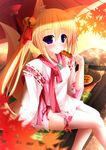  animal_ears bare_legs bell blonde_hair blue_eyes cup dango eating food fox_ears fox_tail hair_bell hair_ornament highres long_hair magatama mitarashi_dango original plate sitting skewer solo tail tray twintails wagashi yunagi_amane yunomi 