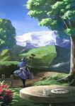  bad_id bad_pixiv_id blue_hair coin cup flower food fork fruit hat hinanawi_tenshi knife long_hair money mountain mug plate road_sign short_sleeves sign solo suitcase table takemori_shintarou touhou tree 