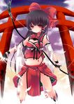  alternate_costume black_hair bow bow_(weapon) breasts cleavage detached_sleeves fingerless_gloves gloves hair_bow hair_ribbon hair_tubes hakurei_reimu holding ichiru_(yuzu-an) long_hair looking_at_viewer navel nontraditional_miko purple_eyes ribbon small_breasts smile solo torii touhou weapon 