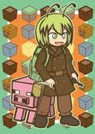  alternate_costume antennae backpack bag block coat green_eyes green_hair gun highres kide_koushin minecraft open_mouth pants pickaxe pig short_hair smile solo touhou weapon wood wriggle_nightbug 