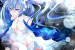  blue_eyes blue_hair dress hair_ribbon hatsune_miku long_hair ribbon sitting solo toraceera twintails vocaloid 