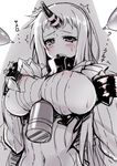 between_breasts blush breasts dress horn kantai_collection large_breasts long_hair monochrome raiou ribbed_dress seaport_hime sexually_suggestive shinkaisei-kan solo torpedo 