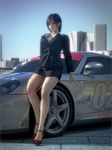  1girl 3d breasts brown_eyes building car formal highres incise_soul large_breasts looking_at_viewer motor_vehicle nagase_reiko namco porsche ridge_racer shoe shoes skyline suit tire 