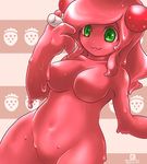  2014 :3 bad_id bad_pixiv_id breasts cowboy_shot dated food goo_girl green_eyes large_breasts long_hair marshmallow monster_girl navel nude original red_skin solo togeshiro_azami 