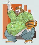  aldrichredon anthro barefoot belly belly_overhang big_belly big_butt brown_hair butt chubby_cheeks clothed clothing facial_hair feline fur hair hand_on_knee huge_butt male mammal midriff moobs obese obese_male open_mouth orange_fur overweight overweight_male pantherine pointing_up sitting solo straining_buttons striped_fur stripes teeth thick_thighs tiger tongue whiskers white_fur wide_hips 