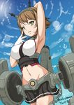  arm_behind_head armpits artist_name breasts brown_hair green_eyes headgear kantai_collection large_breasts looking_at_viewer midriff mutsu_(kantai_collection) navel sakiyamama short_hair skirt solo twitter_username 