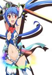  :d armpits arms_up blue_hair cosplay derivative_work evandragon flat_chest gloves highres hinanawi_tenshi long_hair open_mouth ore_twintail_ni_narimasu parody red_eyes revealing_clothes smile solo sword_of_hisou tailblue tailblue_(cosplay) thighhighs touhou twintails very_long_hair weapon white_background 